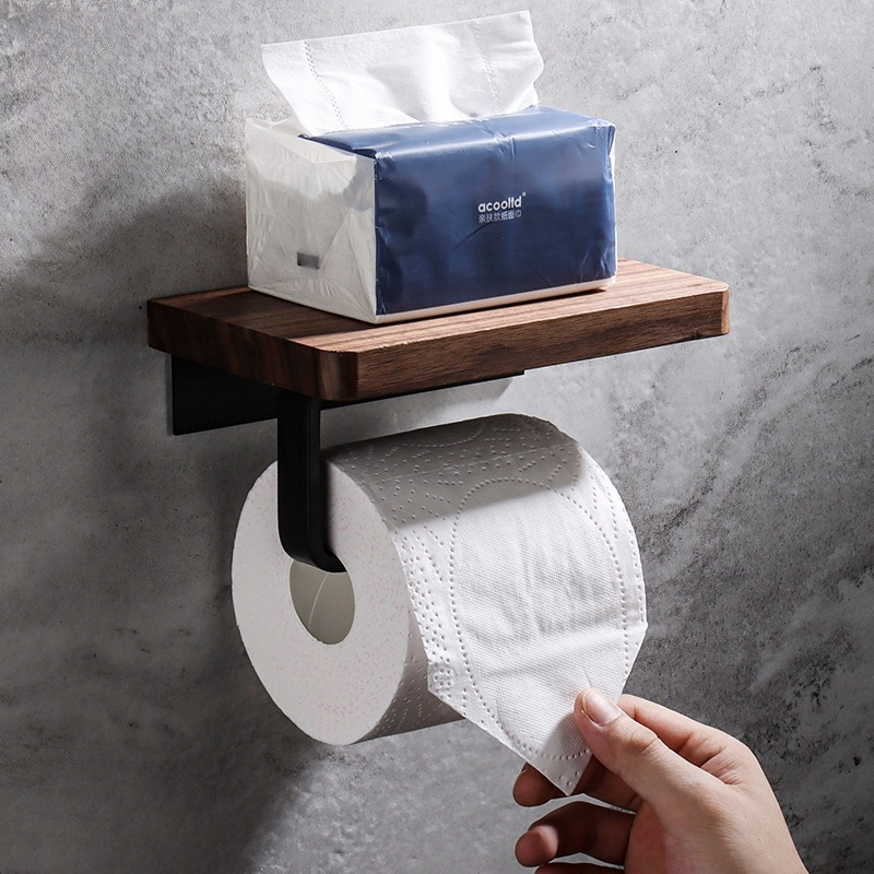 Home Bathroom Towel Dispenser - Tempat Tisu Kayu Solid Tanpa Bor,