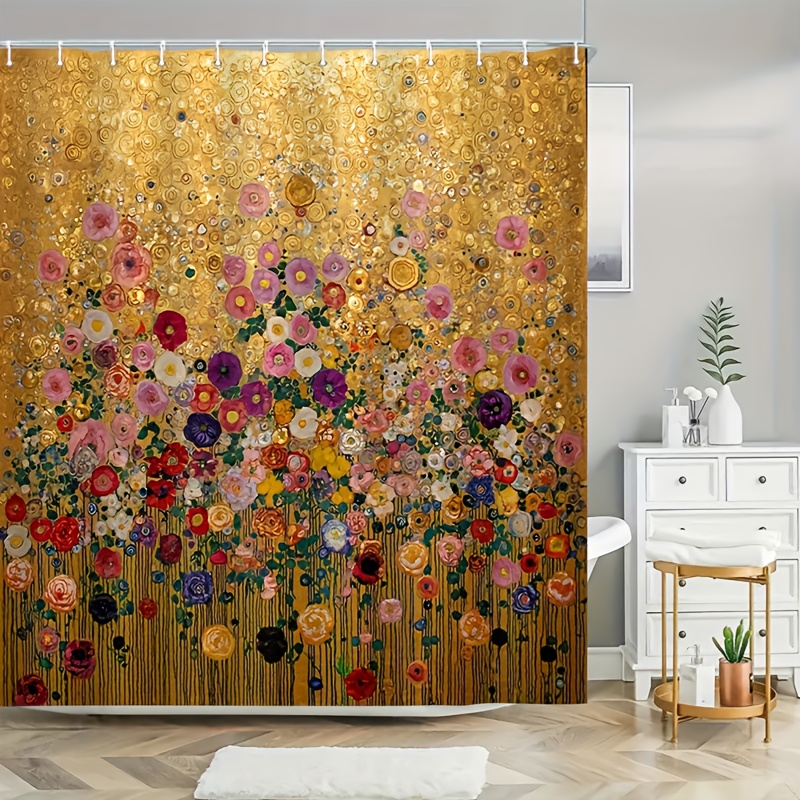 Home Bathroom Spa - Tirai Mandi Motif Bunga Emas Mewah,